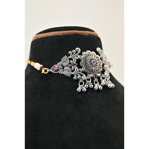 Flower Oxidised Chik Set Tibetan <b>Silver</b> <b>Choker</b> Necklace Zarkin for Women Wedding Jewelry Vintage Style Manish Jewellers MJCS008 - Product Image 3