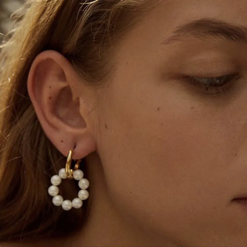 Mode Elegante Messing 18K Gold Überzogene Perle Hoop Ohrring Zwei Hoops Ohrringe Frauen
