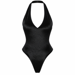 Velvet Halter One Piece <b>Swimsuit</b> Deep V <b>Neck</b> <b>High</b> Cut Backless Beachwear for Women - Product Image 1