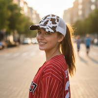 Gorra de béisbol de malla con cola de caballo y estampado de vaca para mujer, con logo personalizado, estilo Y2K, diseño digital, patrón de camuflaje, gorras trucker