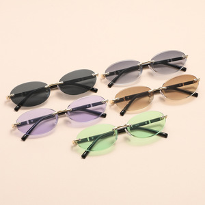 <b>Sunglasses</b> Oval Frameless Unisex TR Metals PC Lens UV400 Category 1 Light Colored For <b>Round</b> Faces - Product Image 2