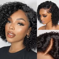Vente en gros vierge indienne Remy 13x4 courte perruque coupe Pixie pleine dentelle avant Transparent noir longue dentelle HD pour les femmes noires