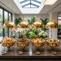 QY 8L Plat de service de luxe en acier inoxydable avec couvercle suspendu et décor floral doré, chauffe-plat pour buffet d'hôtel