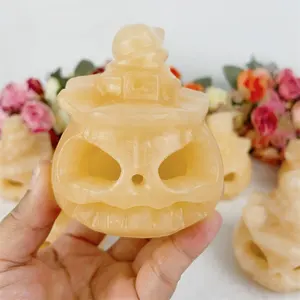 Natural Healing Gemstone Magic Yellow Calcite Pumpkin Skull For Halloween Decoration