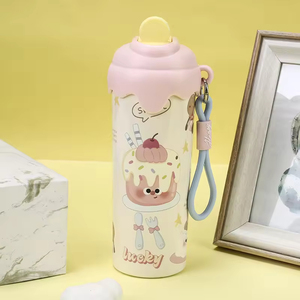 Cartoon Adorable Stainless Steel Ladies Water Cup Handheld Cup Student Water <b>Bottle</b> <b>Straw</b> Children's Cup 600ML - Product Image 3