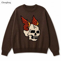 Pull en coton pour homme, style gothique grunge, jacquard tête de mort et ailes de flamme, tricot surdimensionné, logo personnalisé, fabricant