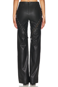 Eleganti <span class=keywords><strong>Pantaloni</strong></span> Neri in <span class=keywords><strong>Pelle</strong></span> da Donna con Lacci Frontali, Cut-out Laterali, Occhielli in Pizzo, Vita Alta e Gamba Larga Dritta - Product Image 2