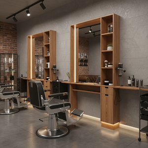 Station de miroir de barbier en bois moderne et élégante, durable, avec fonction réglable pour usage commercial en salon de coiffure - Product Image 3