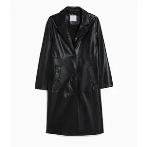 Hot Sale Custom High Quality Ladies Long Pu Leather jackets Turn Down Collar Button Outdoor Winter Wear Women Long Coat Jackets