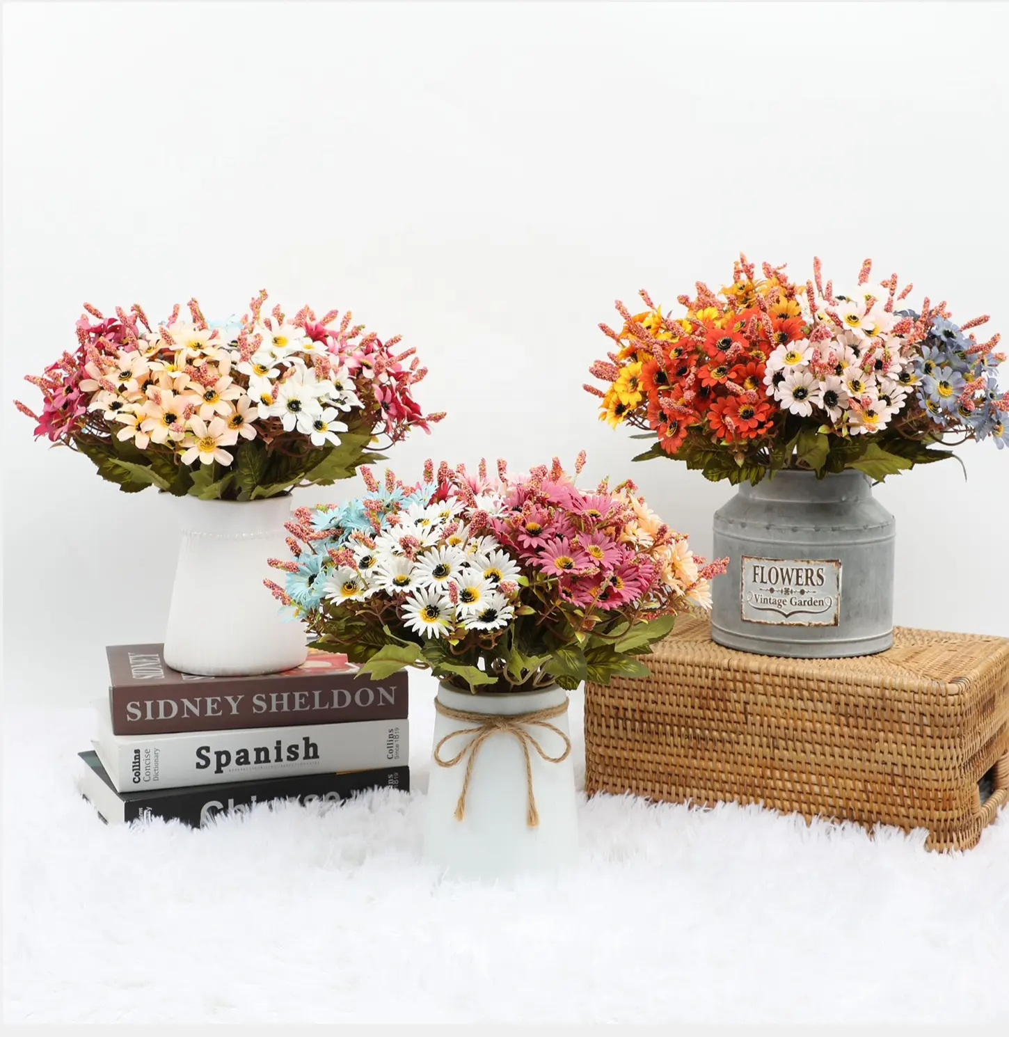Vendita calda casa centrotavola decorazione margherite multicolori fiori artificiali Bouquet di piante colorate margherita