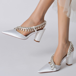 Satin Crystals Bridal Pumps 8.5cm <b>Chunky</b> Heel Wedding Party Sandals Women Dating <b>Shoes</b> Plus Size Customize logo OEM Factory - Product Image 1