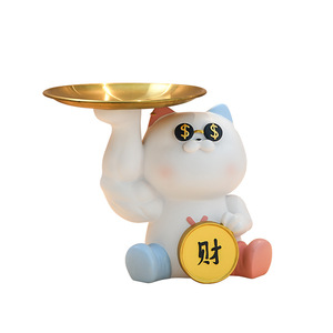Happy Cat Resin Ornament With Tray Cosmetic Storage Desktop Decoration Feng Shui Lucky Cat Figurine For Chinese New Year - Product Image 4