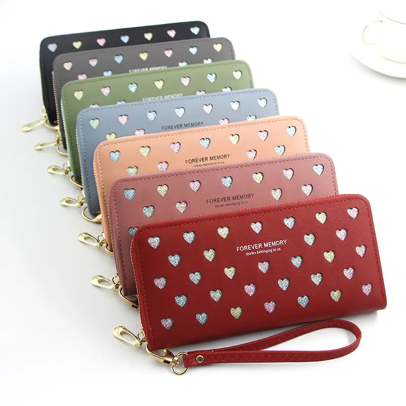 Katalog mewah dompet desainer kulit PU tas kartu kotak-kotak dompet koin tempat kartu uang Hati dompet wanita