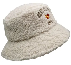 Embroidered Faux Fur Winter Hat Sherpa Bucket Hat Wool Hunting Hat