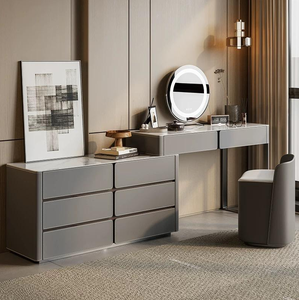 Bàn đá hàng đầu bàn trang điểm + Phân + gương trang điểm Vanity Bộ khung gỗ rắn và yên da kết thúc thực tế dresser Set - Product Image 2