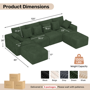 Sofá Seccional Modular en Forma de L con Chaise Longue, Tapizado en Corduroy, Asiento Profundo, Espuma de Alta Densidad para Sala de Estar/Apartamento - Product Image 6