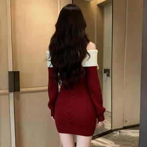 Vestido de Punto Trenzado con Bloques de Color para Mujer, Detalle de Lazo, Manga Larga, Ajuste Delgado, Vestido Suéter Casual de Moda para Dama - Product Image 3