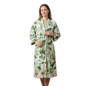 Bata Kimono Kantha de Algodón Hecha a Mano en India, Unisex, para Mujer, Ropa de Playa de Verano, Diseño Floral, Cuello en V, Cierre con Cordón, Largo Completo - Product Image 1