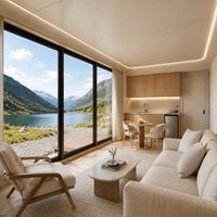 Maison modulaire préfabriquée moderne de type capsule, cabine de luxe avec verrière panoramique pour hôtels de villégiature et projets résidentiels