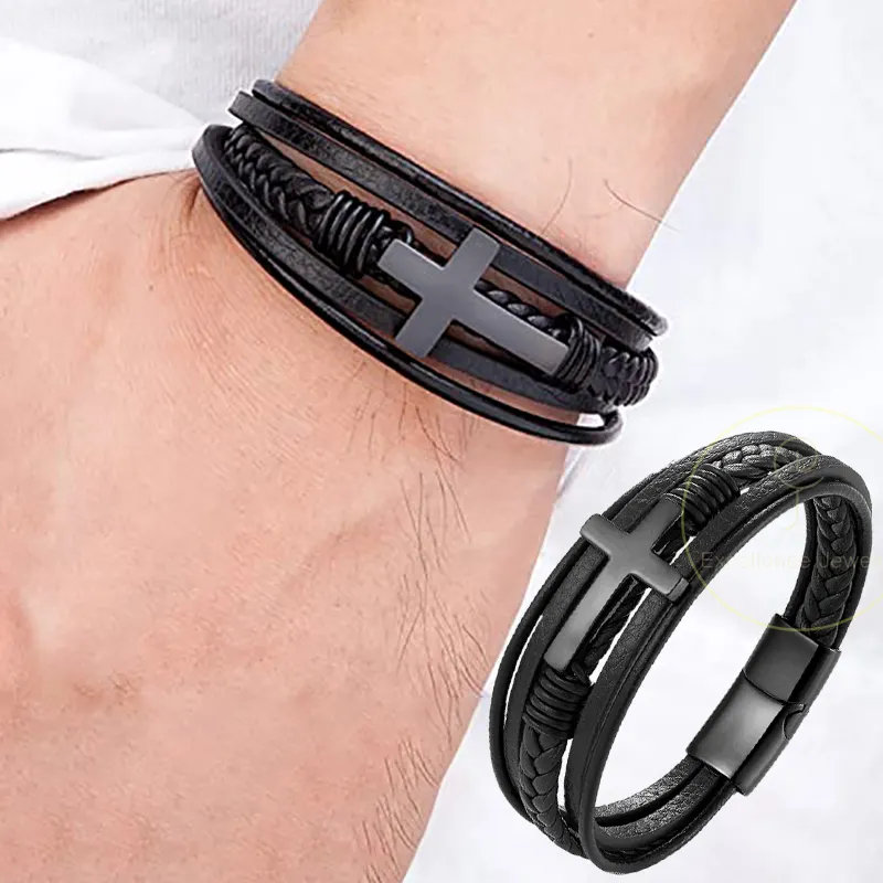 2023 Fashion Gifts Braided Design Classic Stainless Steel Buckle Christian Cross Black Men's Leather Bracelet For 19 21 23 cm