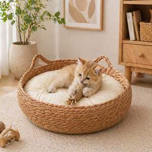 Lit pour chat en paille tressée à la main, panier respirant en rotin pour animaux de compagnie, nid de sommeil frais d'été avec coussin doux amovible - Product Image 3