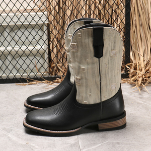 Bottes mi-mollet vintage en cuir pour hommes, brodées, style mode, pour adultes, en cuir PU - Product Image 2