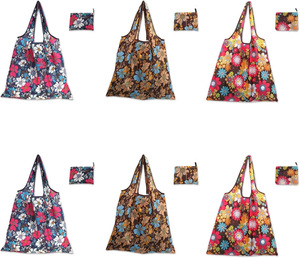 Sacs de courses en polyester pliables, réutilisables, hydrofuges, avec motif floral coloré imprimé numériquement et dessin animé, vente en gros - Product Image 1