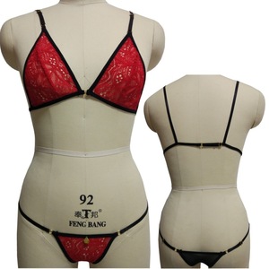 Conjunto de lencería sexy de encaje transparente para mujer, rojo, de algodón, 3 piezas - Product Image 2