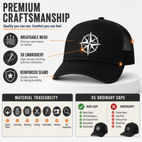 Gorras Trucker Personalizadas Bordadas, 5 Paneles, Malla Trasera Estructurada, Diseño 3D en Relieve de Rosa de los Vientos, Negras y Blancas, Gorras para Exteriores, Venta al Por Mayor