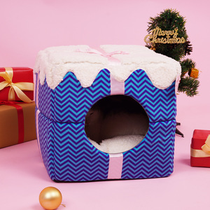 Caja de Regalo Navideña, Cama para Gatos, Techo de Lana Azul con Diseño Chevron, Cálida, Semi Cerrada, Casa para Gatos Pequeños - Product Image 1
