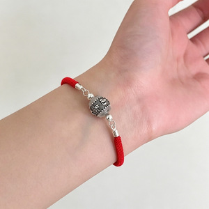 S925 Sterling Silver Fortune Character Red <b>Rope</b> <b>Bracelet</b> For Women Everyday Wear Antique Finish - Product Image 3