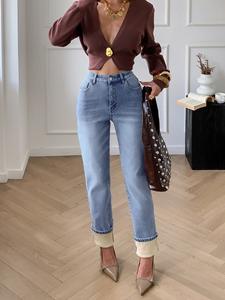 Automne et hiver jeans à jambes étroites et larges pour femmes 2025 nouveau pantalon à tube droit élastique épais taille haute ajouté polaire - Product Image 6
