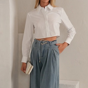 Nueva Llegada Otoño, Top Corto Tejido de Alta Calidad, Estilo Vintage con Cuello, Manga Larga, Algodón, Adornado con Pedrería - Product Image 1