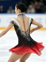 Robe de patinage artistique à col montant sans manches, dégradé noir et rouge, avec strass en maille pour enfants et adultes, pour compétitions et spectacles sur glace