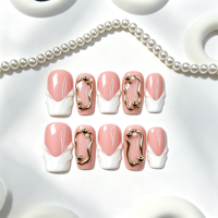 Faux ongles à presser en acrylique français faits main, gaufrés, rose nude, avec cadre métallique et perles, forme carrée moyenne, pour salon de beauté, vente en gros