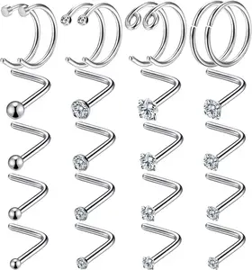 حلقات أنف للنساء من ماركة zesen للرجال برباط من الفولاذ المقاوم للصدأ 16 حلقة أنف مرصعة بالزركونيا المكعبة على شكل حرف L ثقب جسم الأنف