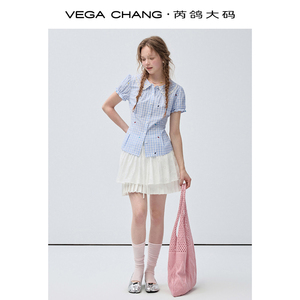 VEGA CHANG Light Blue Gingham <strong>Peter</strong> <strong>Pan</strong> <strong>Collar</strong> Short Sleeve <strong>Blouse</strong> for Women Lace Trim <strong>Collar</strong> Colorful Embroidery Puff Sleeve - Product Image 3