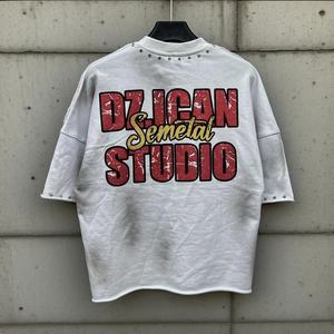 T-shirt pour homme en coton lourd délavé à l'acide, surdimensionné, style streetwear, avec strass - Product Image 4