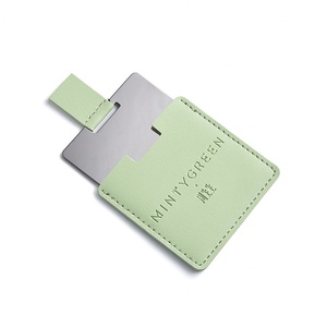 Stainless Steel <b>Square</b> Fashion Cheap Pocket <b>Mirror</b> With Green PU Pouch Brand Name Hand Tag - Product Image 1