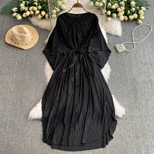 Autunno nuovo stile alla moda temperamento manica a pipistrello girocollo allentato a-line abito da donna plissettato Boutique all'ingrosso - Product Image 1