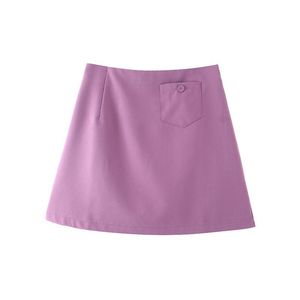 Jupe courte taille haute Runqi N7692 pour femme, grande taille, violet framboise, en polyester, avec poches - Product Image 4