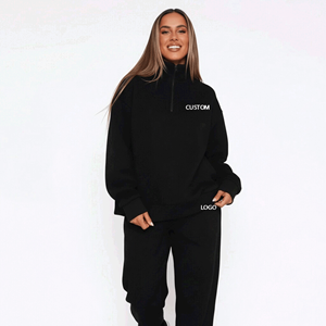 Conjunto de chándal de 2 piezas de algodón 100% personalizado OEM para mujer, con <span class=keywords><strong>sudadera</strong></span> con <span class=keywords><strong>capucha</strong></span> de media cremallera y pantalones de chándal tipo jogger, estilo urbano y holgado. - Product Image 3