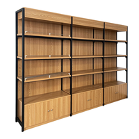 Estanterías de góndola de acero y madera con barandilla frontal anticaída, estanterías modulares para exhibición en tiendas de comestibles