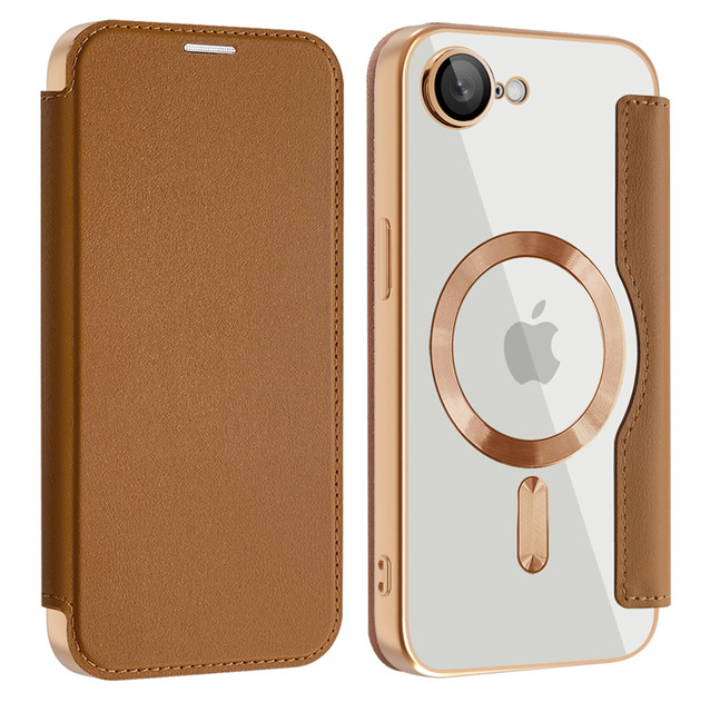 Leather Wallet Card Clip Magnetic Clear Phone Case for iphone 17E 16E 17 Pro Max Plating Wireless Charge Flip Cover