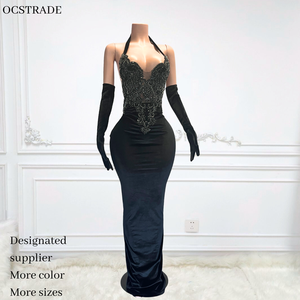 Abiti da Compleanno con Strass Ocstrade per Donne con Guanti Lunghi, <span class=keywords><strong>Vestito</strong></span> Aderente con Collo all'Americana e <span class=keywords><strong>Schiena</strong></span> <span class=keywords><strong>Scoperta</strong></span>, Abiti da Sera Eleganti Neri da Donna - Product Image 1
