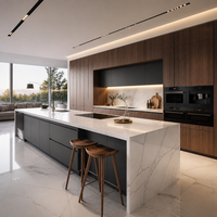 Fabricant d'armoires de cuisine en bois grainé, îlot de cuisine sur mesure en noyer pour projets de villas et d'hôtels