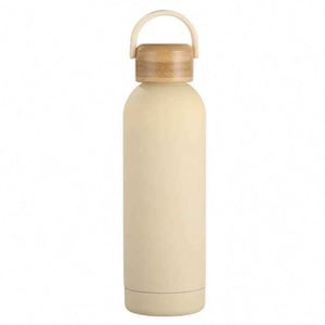 Minimalist Stainless Steel Vacuum Insulated Water <b>Bottle</b> With Wooden Lid And Handle For Travel - Product Image 1