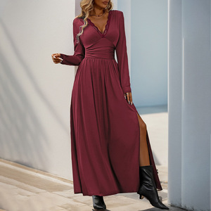 Abito da donna elegante Casual da festa di media lunghezza per la primavera e l'autunno, abito Sexy a <span class=keywords><strong>maniche</strong></span> <span class=keywords><strong>lunghe</strong></span> a V in tinta unita - Product Image 1