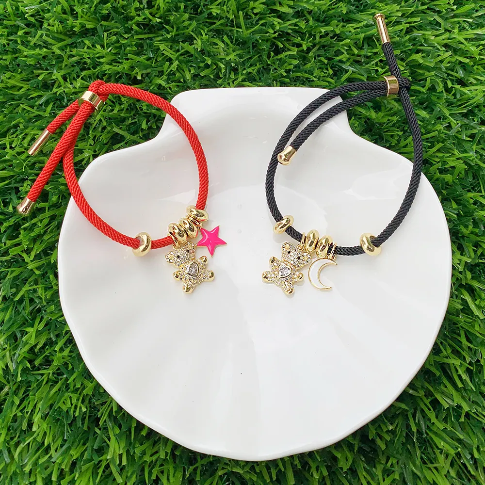 Lucu merah hitam tali dapat disesuaikan gelang Mini Beruang matahari/bulan/Bintang/HATI/tangan Fatima CZ jimat Enamel liontin untuk wanita perhiasan