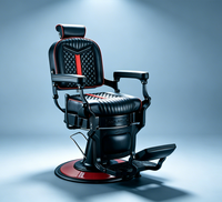 Fauteuils de barbier en cuir matelassé avec accents rouges rétro tendance, robustes, avec repose-pieds hydraulique réglable, chaise de coiffure pour salon